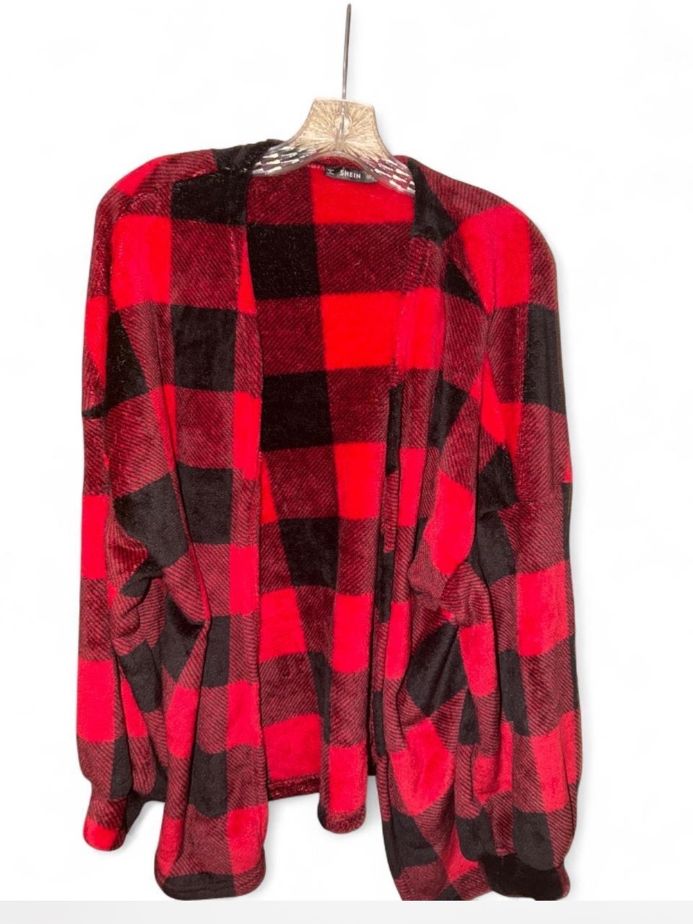 Cozy Open-Front Red & Black Buffalo Plaid Cardigan - Shein
